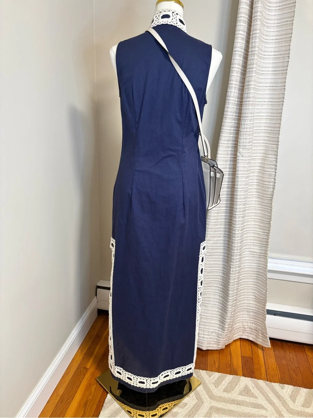 Sail to Sable Navy Maxi Dress White Crochet Trim Sleeveless Resort Dress Small - Picture 8 of 9
